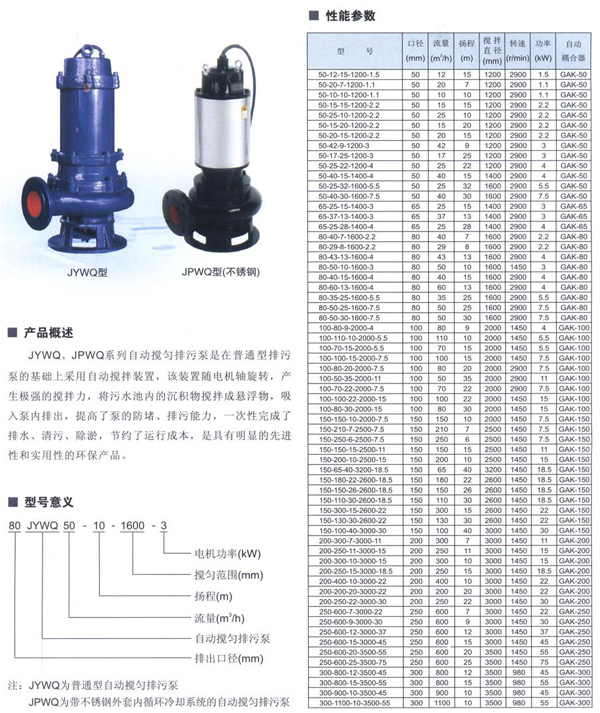 JYWQ,JPWQ潜水排污泵
